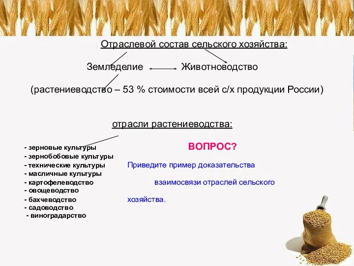 Отраслевой состав сельского хозяйства: Земледелие Животноводство (растениеводство – 53 % стоимости всей с/х
