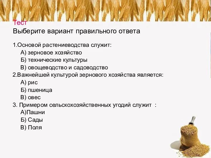 Тест Выберите вариант правильного ответа 1.Основой растениеводства служит: А) зерновое хозяйство Б) технические