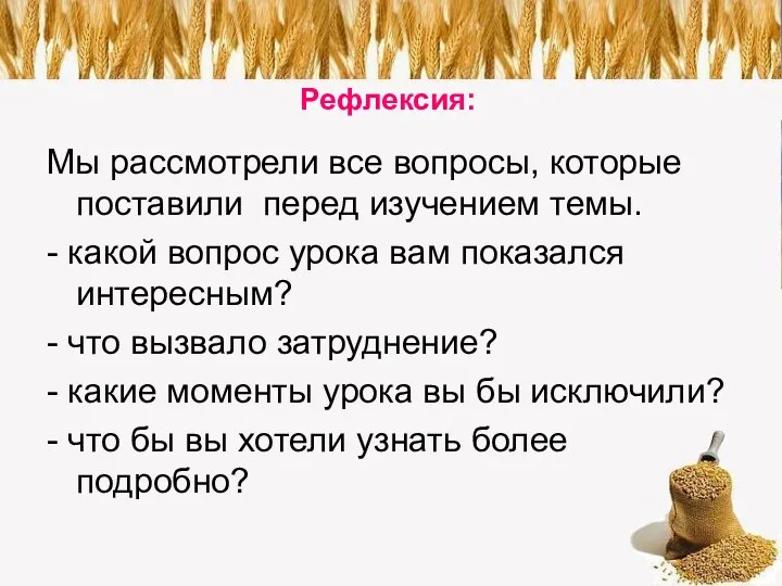 Рефлексия: Мы рассмотрели все вопросы, которые поставили перед изучением темы. - какой вопрос