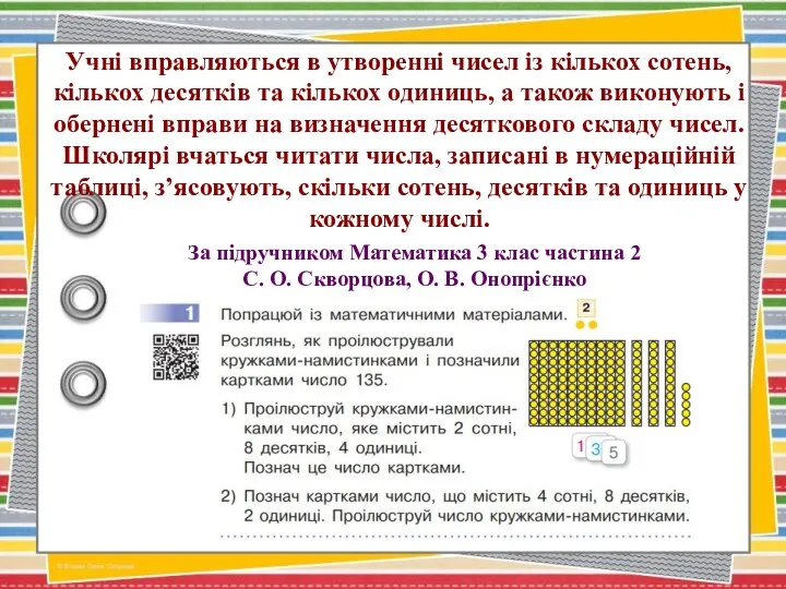 Учні вправляються в утворенні чисел із кількох сотень, кількох десятків та кількох одиниць,