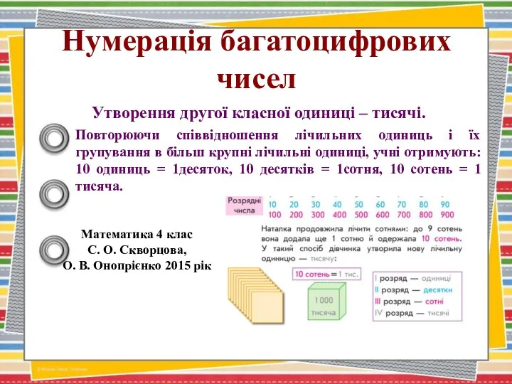 Нумерація багатоцифрових чисел Утворення другої класної одиниці – тисячі. Повторюючи співвідношення лічильних одиниць