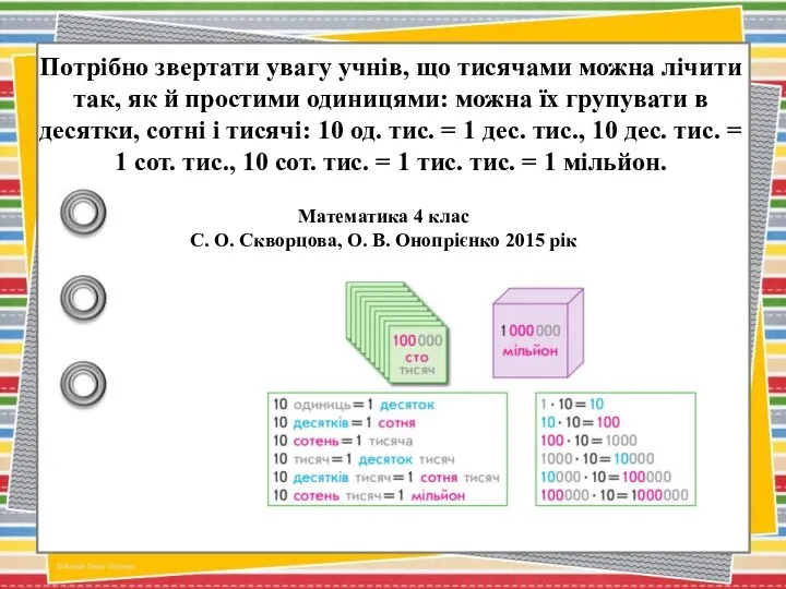 Потрібно звертати увагу учнів, що тисячами можна лічити так, як й простими одиницями: