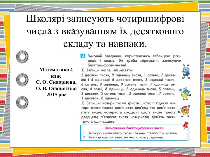 Школярі записують чотирицифрові числа з вказуванням їх десяткового складу та навпаки. Математика 4