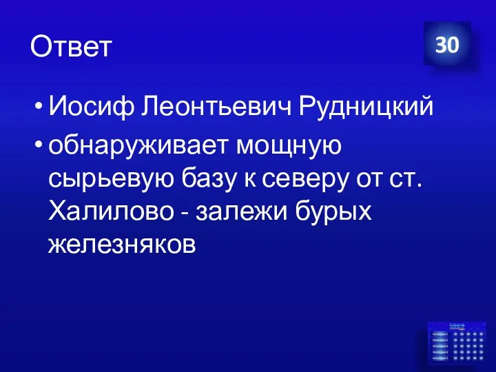 Ответ Иосиф Леонтьевич Рудницкий обнаруживает мощную сырьевую базу к северу от ст. Халилово