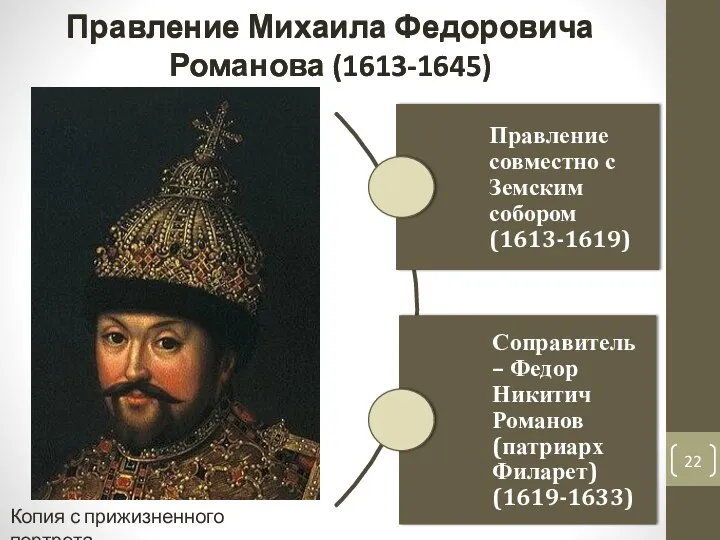 Правление Михаила Федоровича Романова (1613-1645) Копия с прижизненного портрета Правление Михаила Федоровича Романова (1613-1645)