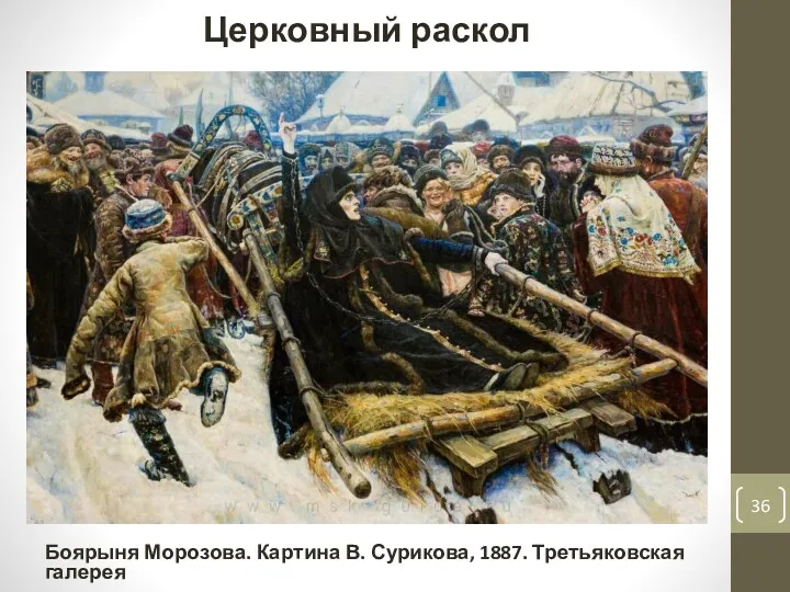 Церковный раскол Боярыня Морозова. Картина В. Сурикова, 1887. Третьяковская галерея