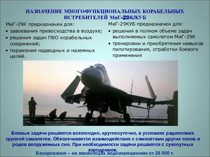 НАЗНАЧЕНИЕ МНОГОФУНКЦИОНАЛЬНЫХ КОРАБЕЛЬНЫХ ИСТРЕБИТЕЛЕЙ МиГ-29К/КУБ МиГ-29К предназначен для: завоевания превосходства в воздухе; решения