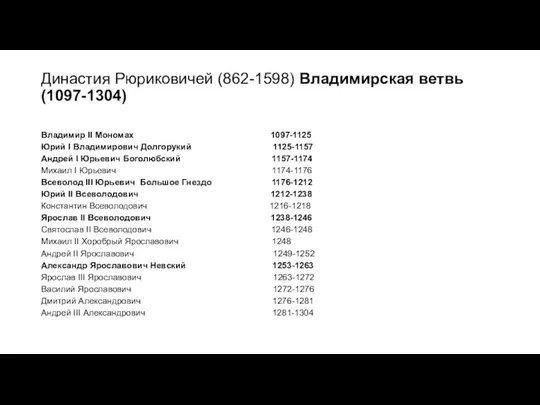 Династия Рюриковичей (862-1598) Владимирская ветвь (1097-1304) Владимир II Мономах 1097-1125