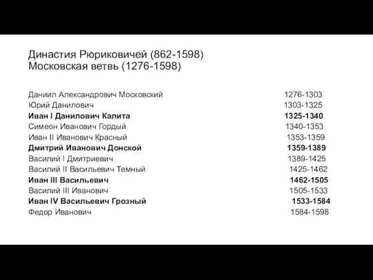 Династия Рюриковичей (862-1598) Московская ветвь (1276-1598) Даниил Александрович Московский 1276-1303