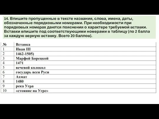 14. Впишите пропущенные в тексте названия, слова, имена, даты, обозначенные