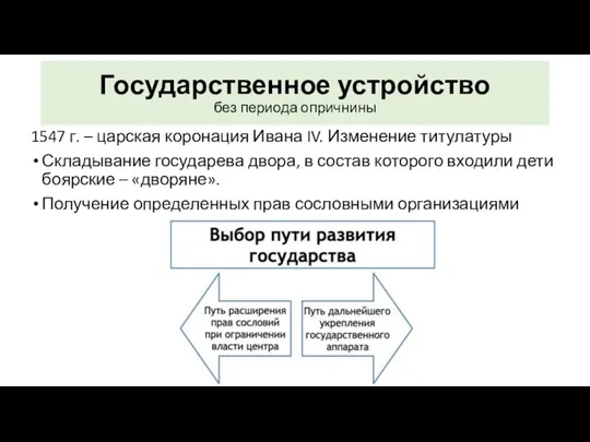 Государственное устройство без периода опричнины 1547 г. – царская коронация