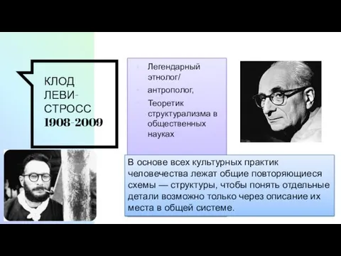 КЛОД ЛЕВИ-СТРОСС 1908-2009 Легендарный этнолог/ антрополог, Теоретик структурализма в общественных