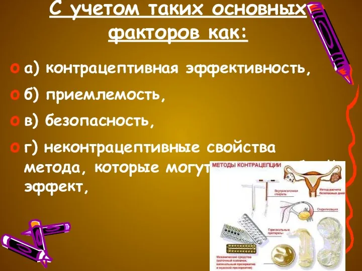 C учетом таких основных факторов как: а) контрацептивная эффективность, б)