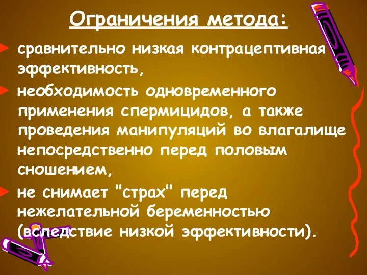 Ограничения метода: сравнительно низкая контрацептивная эффективность, необходимость одновременного применения спермицидов,