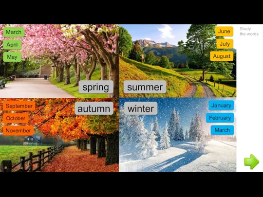 Study the words winter January summer autumn spring February March