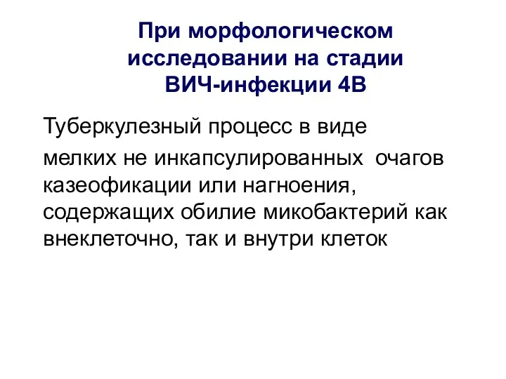 При морфологическом исследовании на стадии ВИЧ-инфекции 4В Туберкулезный процесс в