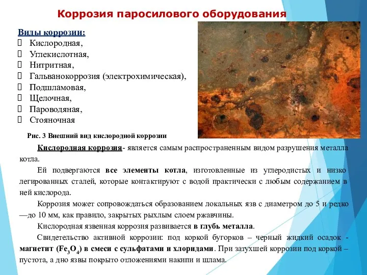 Коррозия паросилового оборудования Виды коррозии: Кислородная, Углекислотная, Нитритная, Гальванокоррозия (электрохимическая),