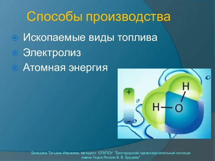 Способы производства Ископаемые виды топлива Электролиз Атомная энергия Беседина Татьяна