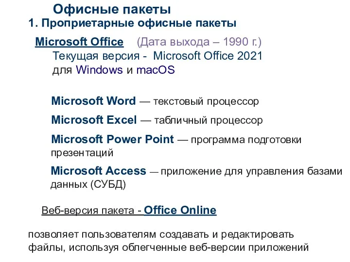 Офисные пакеты Microsoft Office (Дата выхода – 1990 г.) Текущая