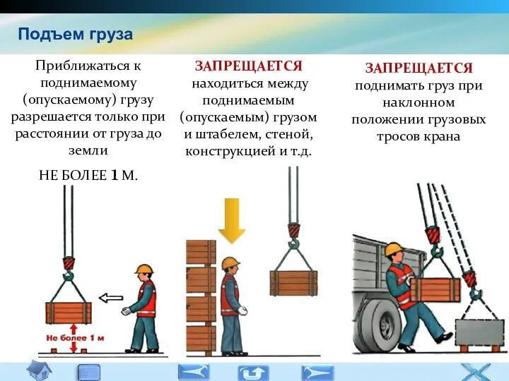 Приближаться к поднимаемому (опускаемому) грузу разрешается только при расстоянии от