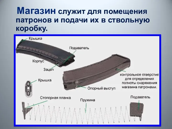 Магазин служит для помещения патронов и подачи их в ствольную коробку.