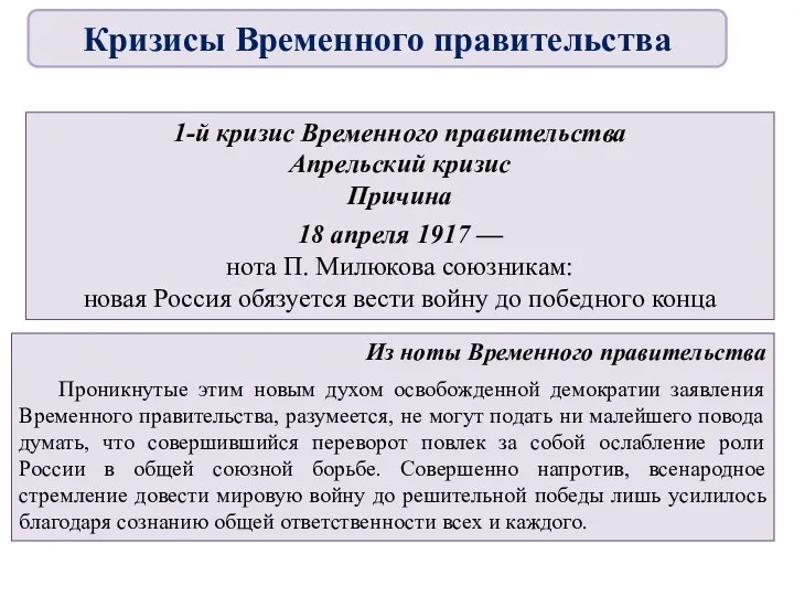 1-й кризис Временного правительства Апрельский кризис Причина 18 апреля 1917 — нота П.