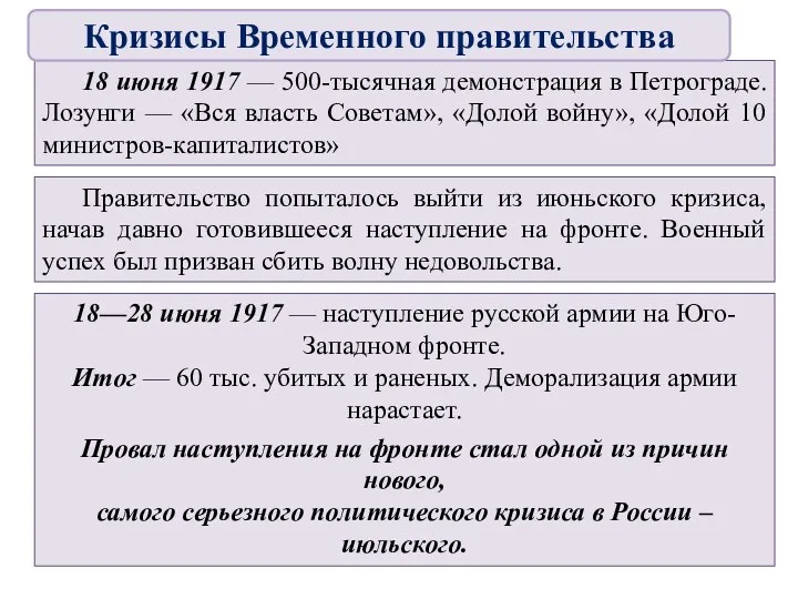 18 июня 1917 — 500-тысячная демонстрация в Петрограде. Лозунги — «Вся власть Советам»,