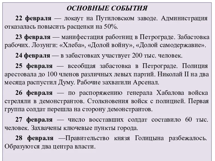 ОСНОВНЫЕ СОБЫТИЯ 22 февраля — локаут на Путиловском заводе. Администрация отказалась повысить расценки