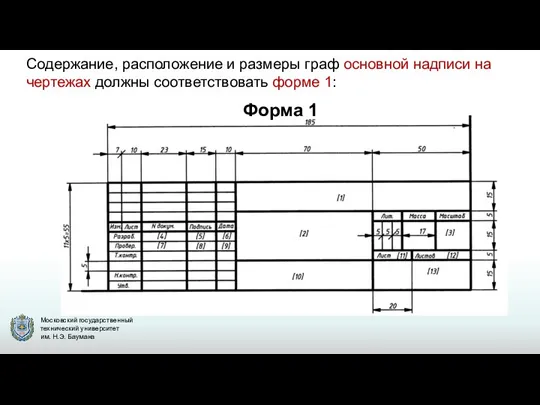 Содержание, расположение и размеры граф основной надписи на чертежах должны соответствовать форме 1: Форма 1