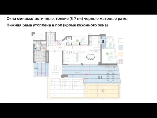 Окна минималистичные, тонкие (5-7 cm) черные матовые рамы Нижняя рама утоплена в пол