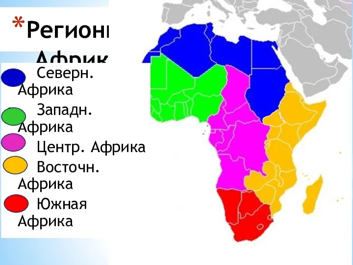 Регионы Африки Сев. Африка Северн. Африка Западн. Африка Центр. Африка Восточн. Африка Южная Африка