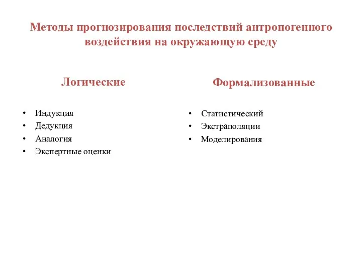 Методы прогнозирования последствий антропогенного воздействия на окружающую среду Логические Индукция