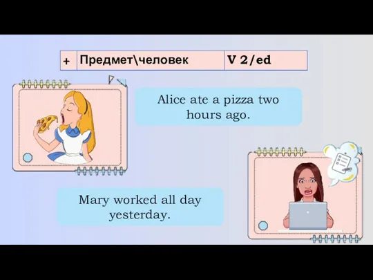 Alice ate a pizza two hours ago. Mary worked all day yesterday.