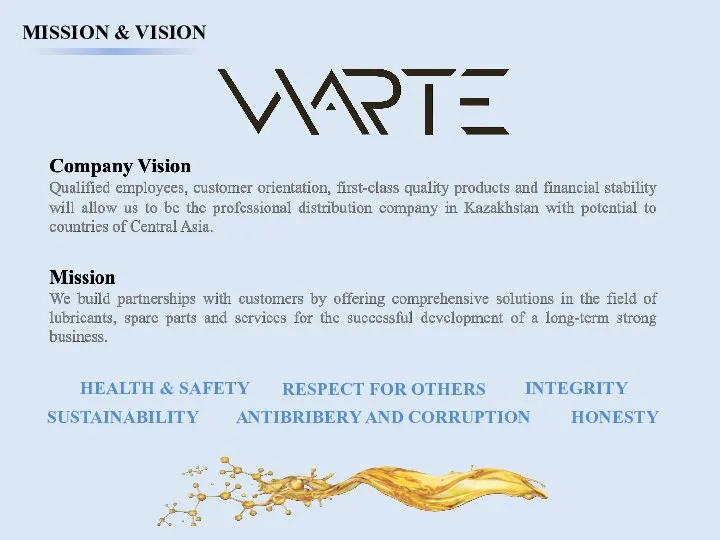 MISSION & VISION RESPECT FOR OTHERS INTEGRITY HEALTH & SAFETY SUSTAINABILITY ANTIBRIBERY AND CORRUPTION HONESTY