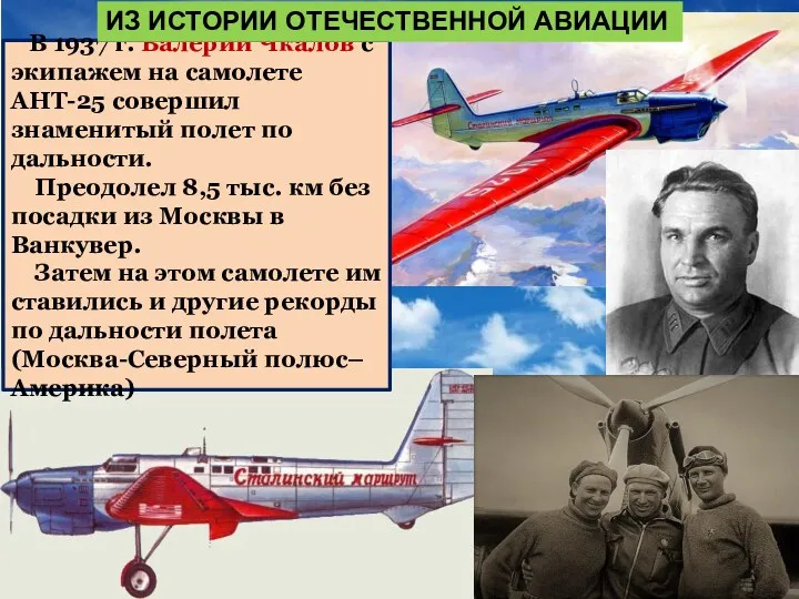 В 1937 г. Валерий Чкалов с экипажем на самолете АНТ-25