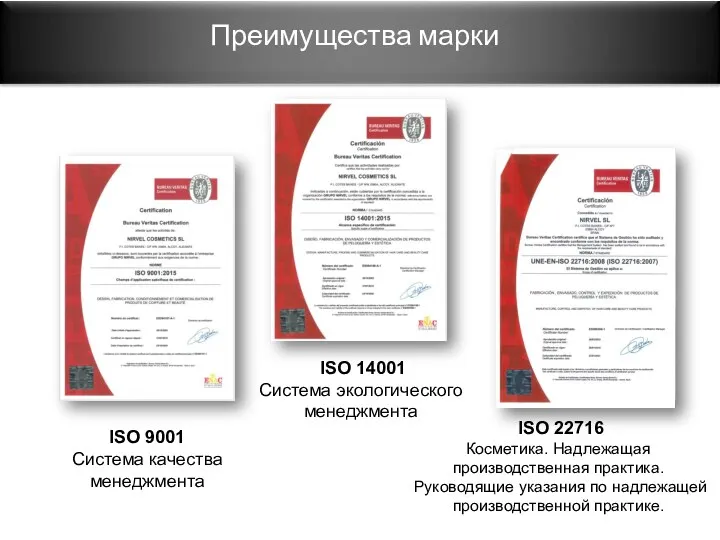 Преимущества марки ISO 9001 Система качества менеджмента ISO 14001 Система экологического менеджмента ISO