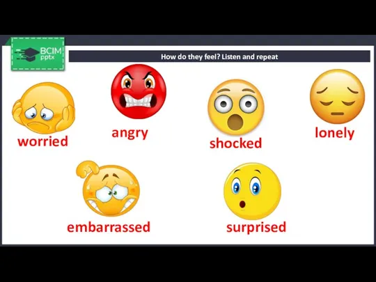 How do they feel? Listen and repeat worried angry shocked lonely embarrassed surprised