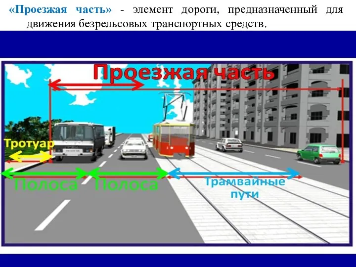 «Проезжая часть» - элемент дороги, предназначенный для движения безрельсовых транспортных средств.