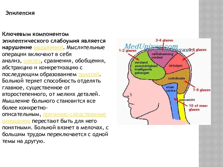 Эпилепсия Ключевым компонентом эпилептического слабоумия является нарушение мышления. Мыслительные операции