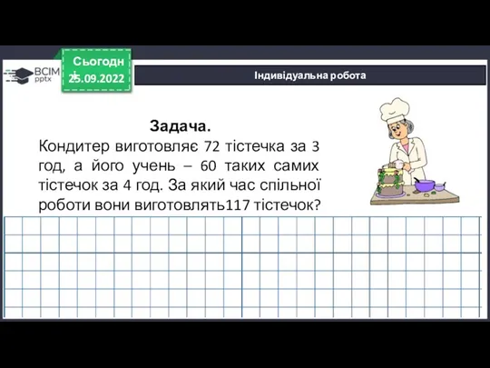 25.09.2022 Сьогодні Індивідуальна робота Задача. Кондитер виготовляє 72 тістечка за