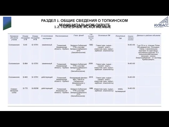 1.2. ПОЛЕЗНЫЕ ИСКОПАЕМЫЕ РАЗДЕЛ 1. ОБЩИЕ СВЕДЕНИЯ О ТОПКИНСКОМ МУНИЦИПАЛЬНОМ ОКРУГЕ