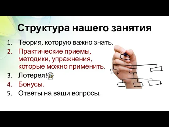 Структура нашего занятия Теория, которую важно знать. Практические приемы, методики,