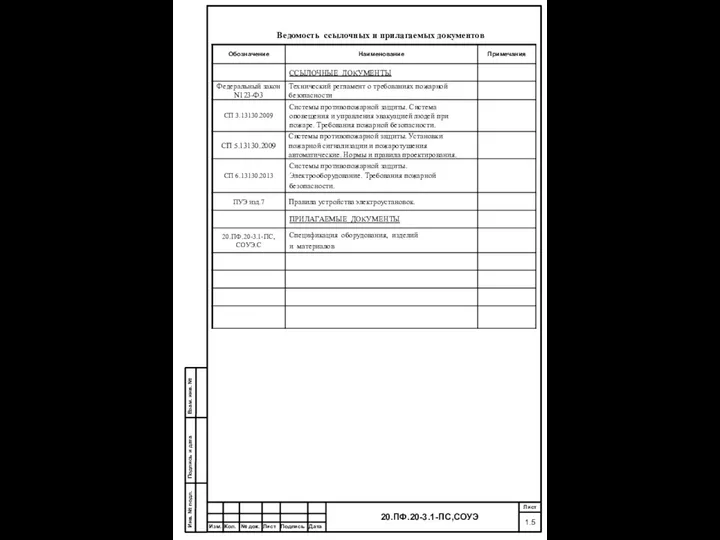 Лист 1.5 20.ПФ.20-3.1-ПС,СОУЭ Инв. № подл. Подпись и дата Взам.