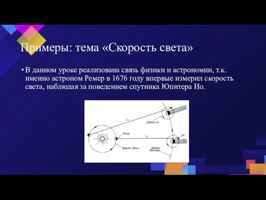 Примеры: тема «Скорость света» В данном уроке реализована связь физики и астрономии, т.к.