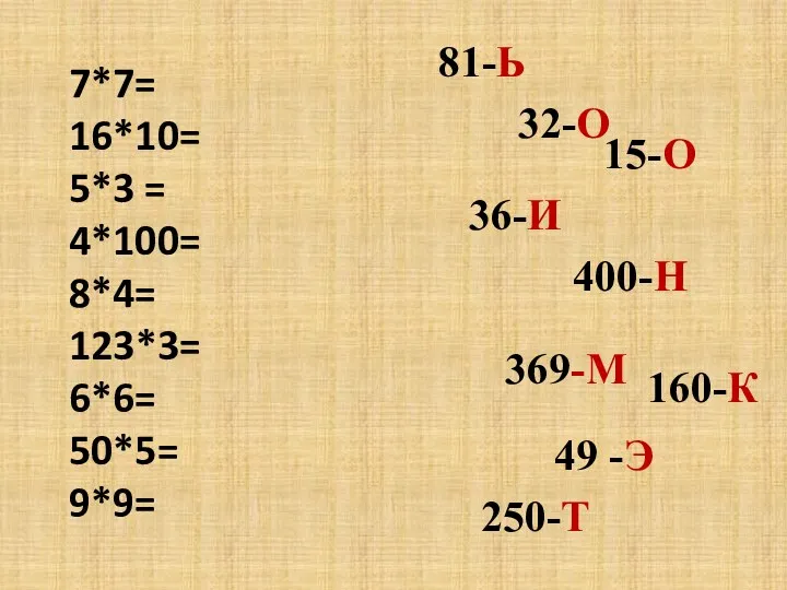 7*7= 16*10= 5*3 = 4*100= 8*4= 123*3= 6*6= 50*5= 9*9=