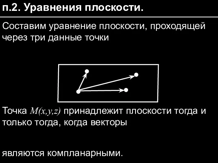 п.2. Уравнения плоскости. Составим уравнение плоскости, проходящей через три данные