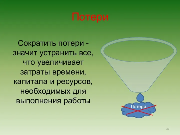 Потери Сократить потери - значит устранить все, что увеличивает затраты