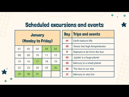 Scheduled excursions and events
