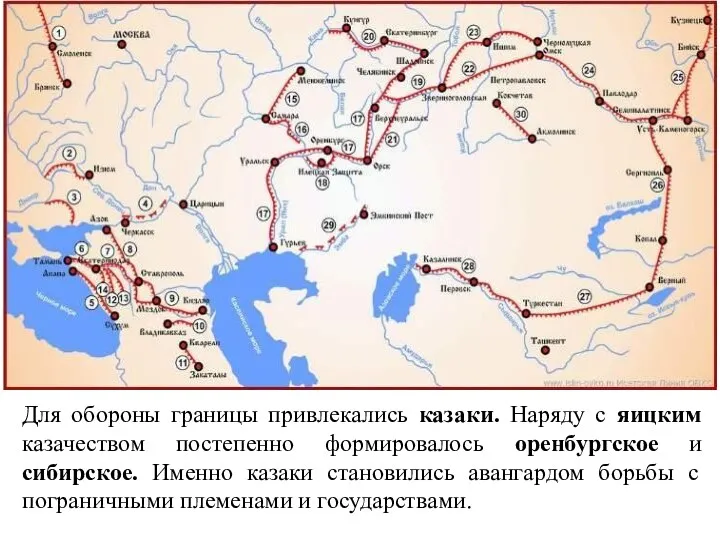 Для обороны границы привлекались казаки. Наряду с яицким казачеством постепенно