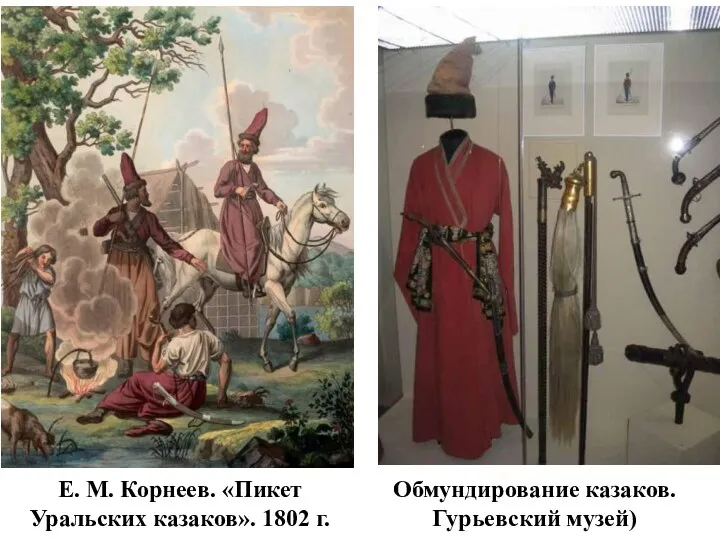 Е. М. Корнеев. «Пикет Уральских казаков». 1802 г. Обмундирование казаков. Гурьевский музей)